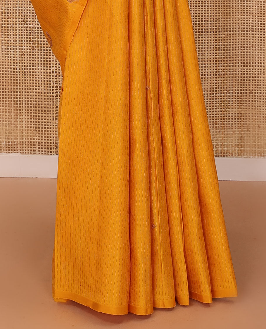 Borderless yellow stripes and mayil buttas Kanchipuram silk saree, contrast pallu of thilakam mokku,muthu,floral design and jaal design