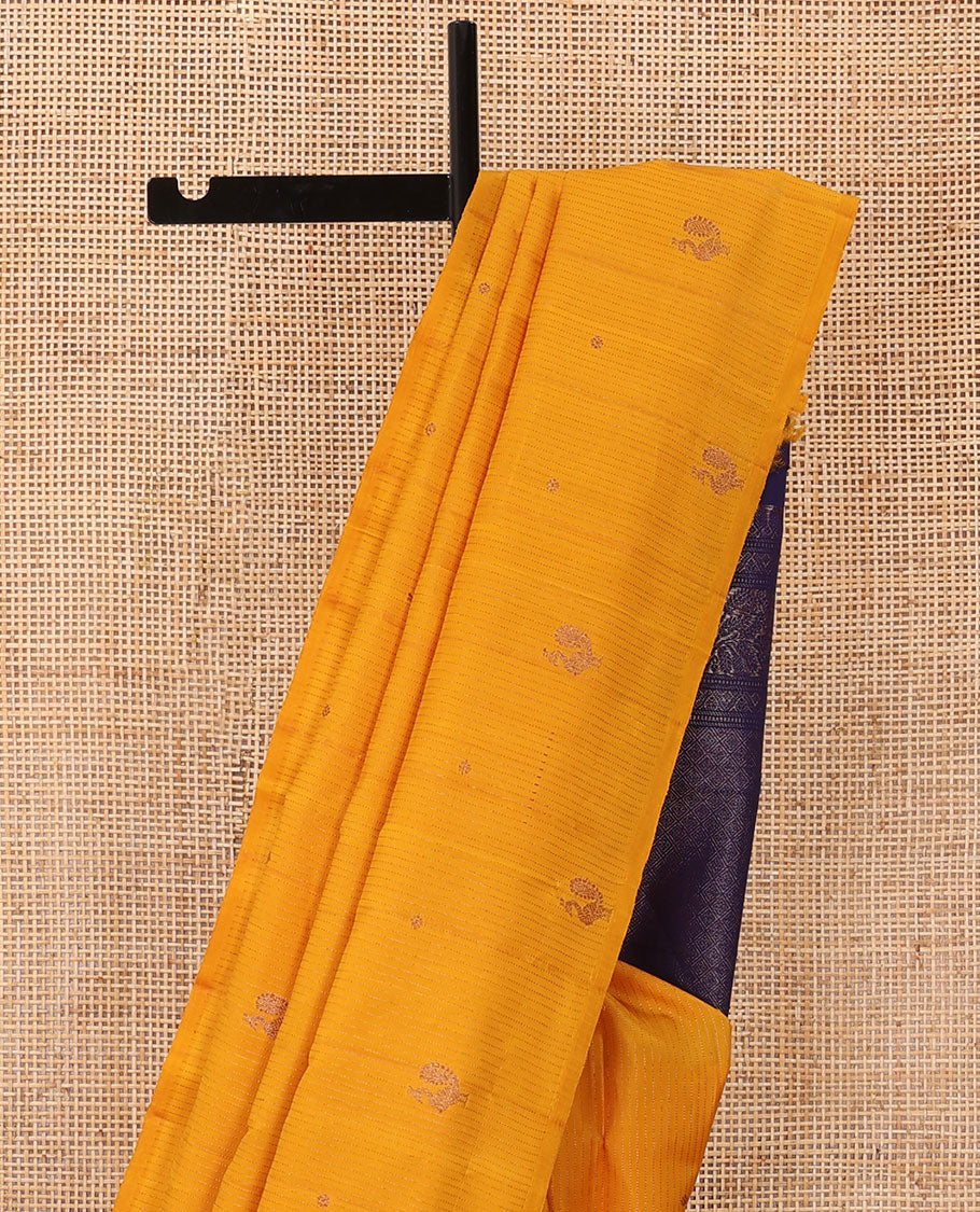 Borderless yellow stripes and mayil buttas Kanchipuram silk saree, contrast pallu of thilakam mokku,muthu,floral design and jaal design
