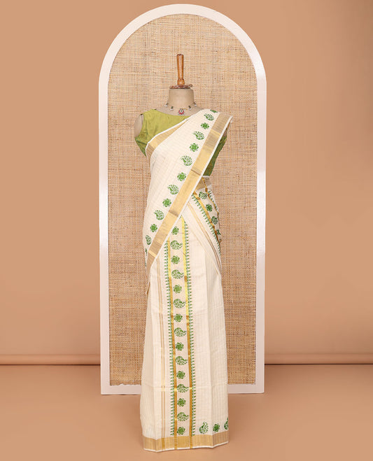 Cream striped & motifs printed Kerala mundu set, zari border