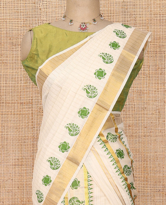 Cream striped & motifs printed Kerala mundu set, zari border