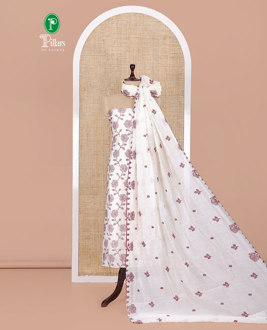 Cream Mul Chanderi Material Churidar Features Floral Vine Embroidery Top, a Plain Bottom, and a Embroidered Dupatta