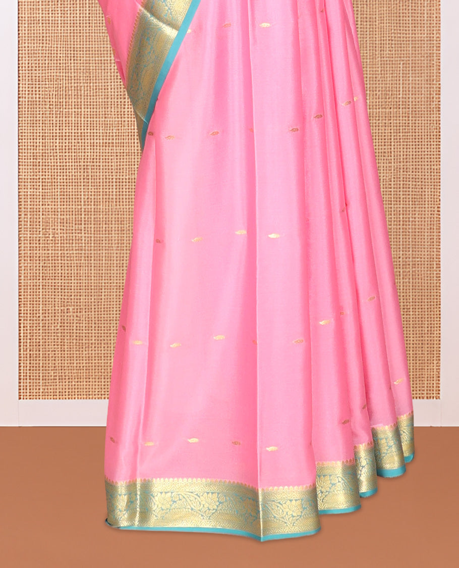 Pink Zari Buttas Mysore Silk Saree, Complemented by a Contrast Traditional Zari Border, Zari Design Pallu, and a Contrast Blouse