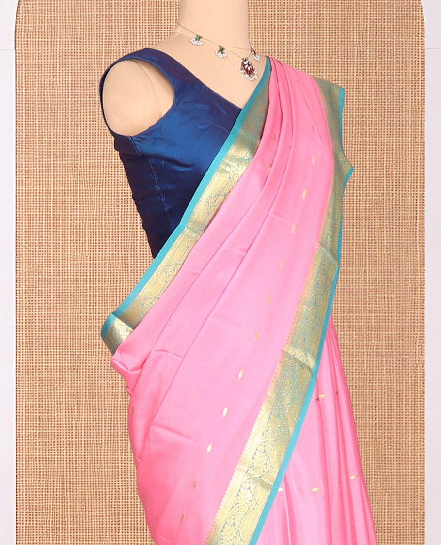 Pink Zari Buttas Mysore Silk Saree, Complemented by a Contrast Traditional Zari Border, Zari Design Pallu, and a Contrast Blouse