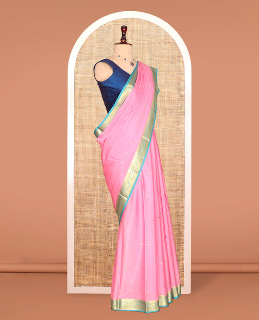 Pink Zari Buttas Mysore Silk Saree, Complemented by a Contrast Traditional Zari Border, Zari Design Pallu, and a Contrast Blouse