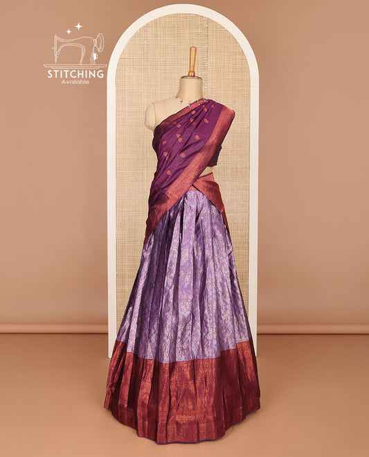 Purple floral design half saree with contrast zari design border, zari design blouse & floral zari design dhavani