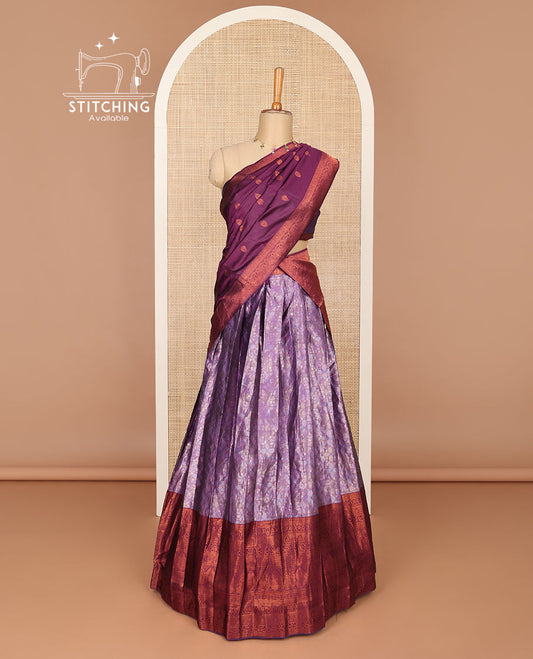 Purple floral design half saree with contrast zari design border, zari design blouse & floral zari design dhavani