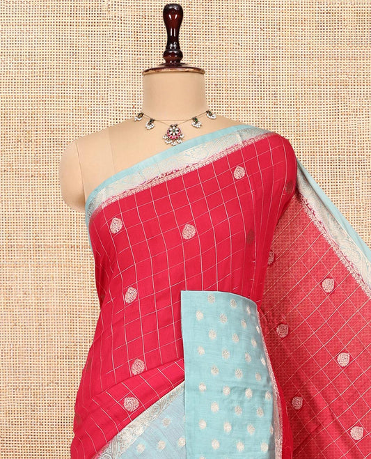 Red Assam Silk Saree, Bedecked with Zari Butta Enclosed Checks, Complemented by a Contrast Zari Buttas Woven Border, Zari-Striped Pallu, and a Contrast Blouse