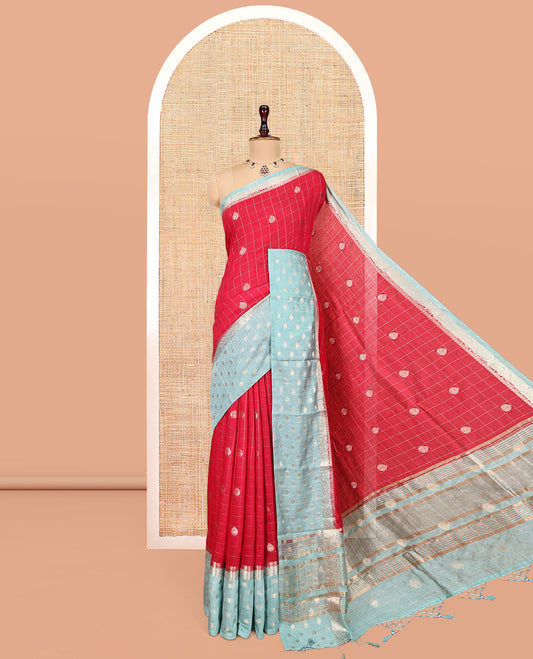 Red Assam Silk Saree, Bedecked with Zari Butta Enclosed Checks, Complemented by a Contrast Zari Buttas Woven Border, Zari-Striped Pallu, and a Contrast Blouse