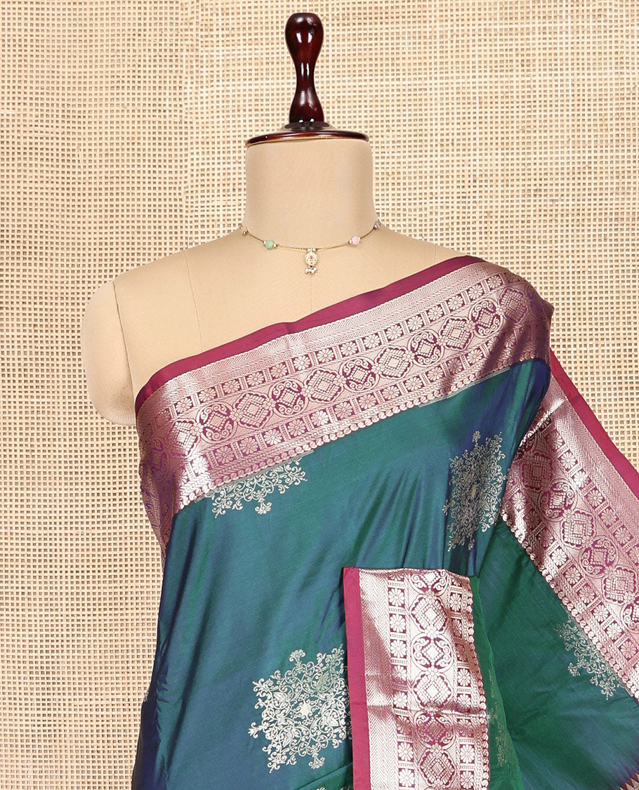 Peacock Color Budget Silk Saree, Enthralled with Zari Buttas, Complemented by a Contrast Traditional Border, Pallu of Jaal and Paisleys, and a Contrast Blouse