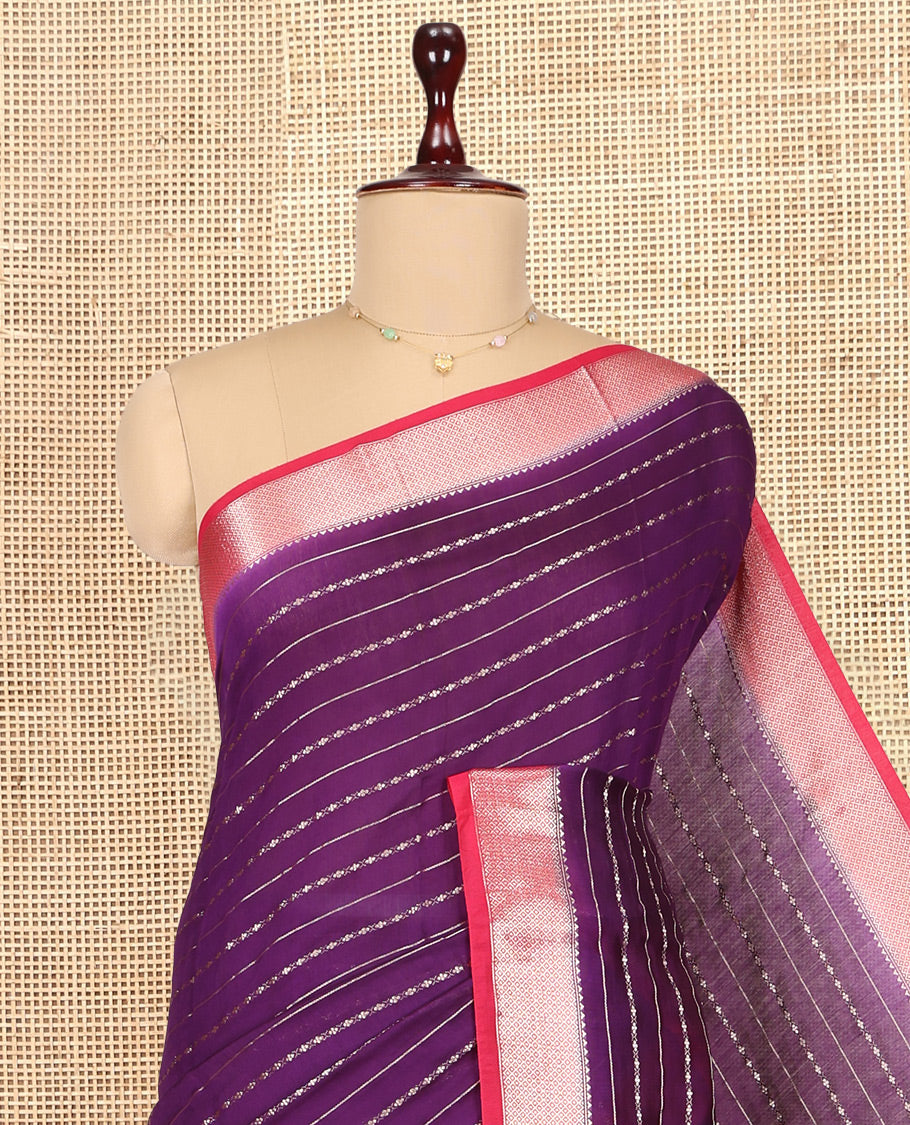 Purple Assam Silk Saree, Enthralled with Zari Stripes, Complemented by Zari Border,  Zari Woven Pallu, and Contrast Blouse