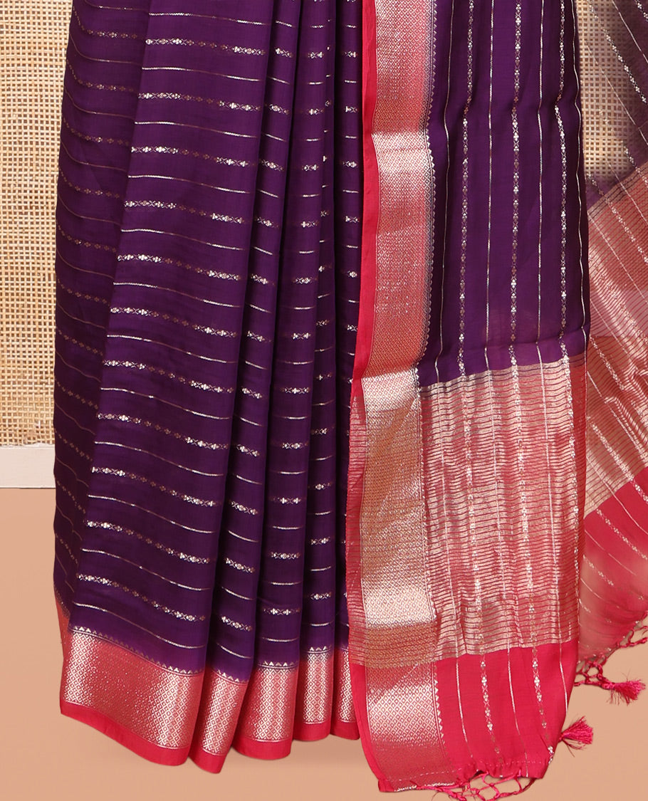 Purple Assam Silk Saree, Enthralled with Zari Stripes, Complemented by Zari Border,  Zari Woven Pallu, and Contrast Blouse