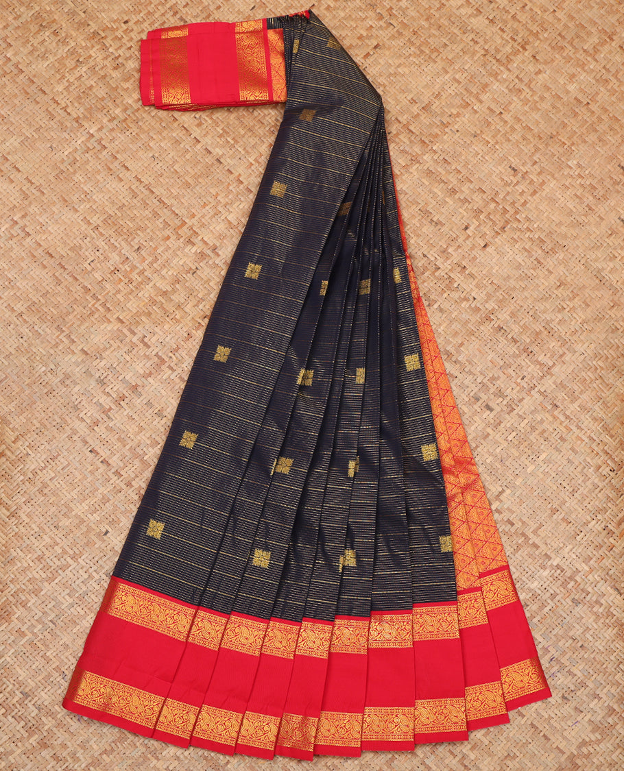 Blue Budget Silk Saree, Finely Crafted with Zari Buttas and Checks, a Contrast Traditional Zari Rettai Pettu Border, Jaal Pallu, and a Contrast Blouse