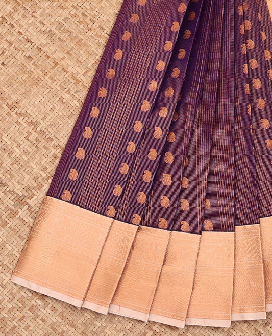 Purple Budget Silk Saree, Artfully Detailed with Paisley Buttas and Stripes, Complemented by a Contrast Traditional Zari Border, Pallu of Jaal Designs, and Paired with a Contrast Blouse