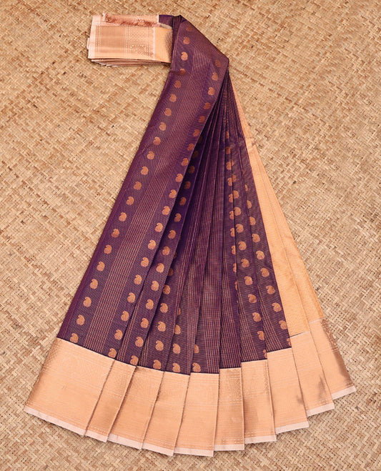 Purple Budget Silk Saree, Artfully Detailed with Paisley Buttas and Stripes, Complemented by a Contrast Traditional Zari Border, Pallu of Jaal Designs, and Paired with a Contrast Blouse