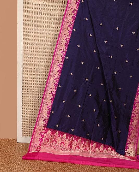 Dark blue zari buttas katan silk saree, contrast Mughal style buildings featured border, and pallu mirroring the same border design