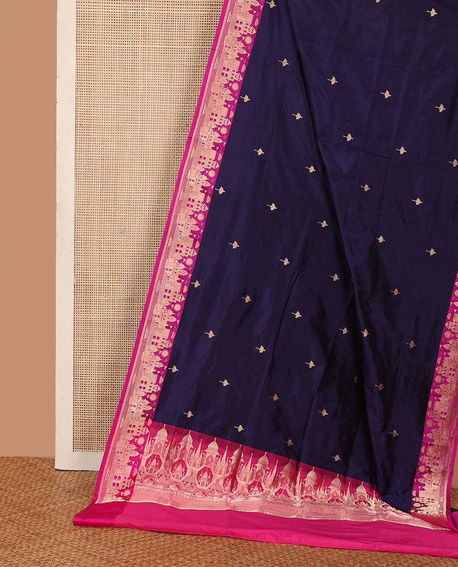 Dark blue zari buttas katan silk saree, contrast Mughal style buildings featured border, and pallu mirroring the same border design