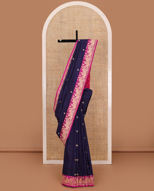 Dark blue zari buttas katan silk saree, contrast Mughal style buildings featured border, and pallu mirroring the same border design
