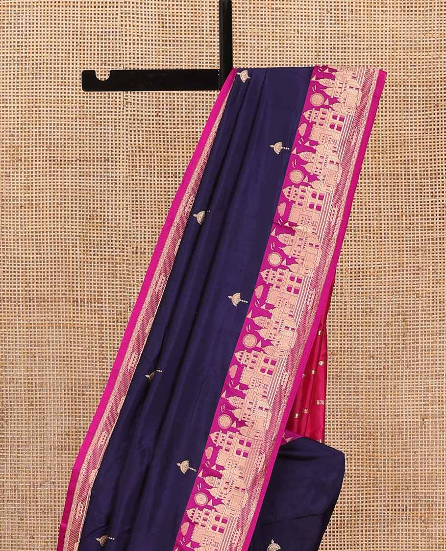 Dark blue zari buttas katan silk saree, contrast Mughal style buildings featured border, and pallu mirroring the same border design