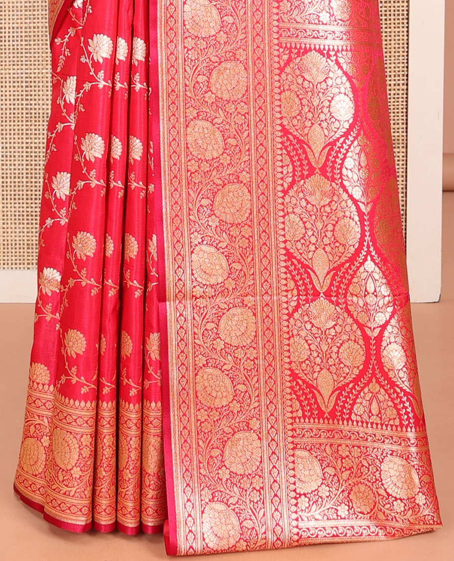 Red Banarasi Nylon Saree, Spotlighted with Floral Jaal Jacquard, a Floral Creeper Zari Border, Intricate Pallu, and a Matching Blouse