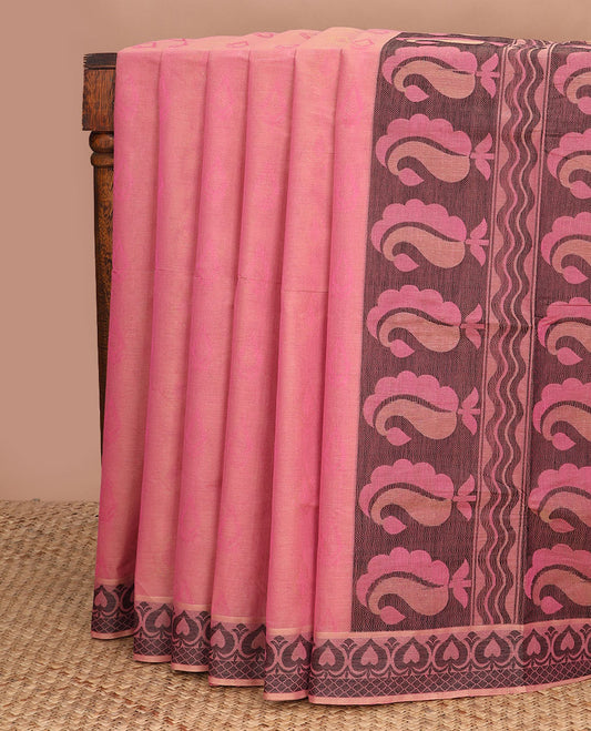 Pink sparely designed Coimbatore cotton saree, spade-shaped motif border, & contrast paisleys pallu