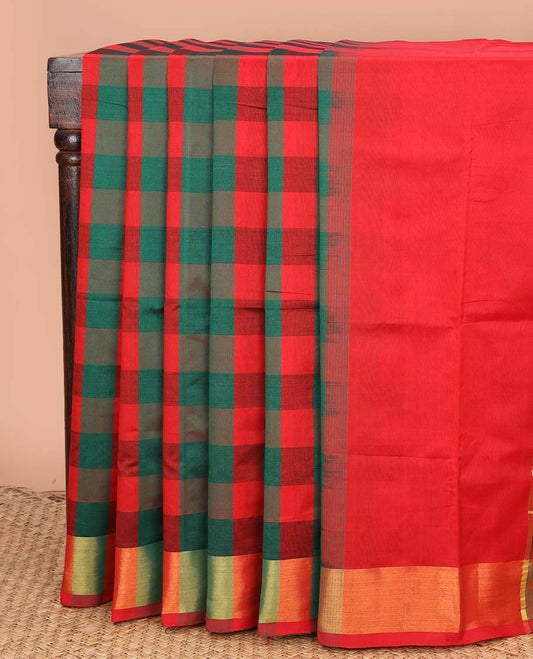 Multi-color checked design poly cotton saree, zari border, and contrast zari striped pallu