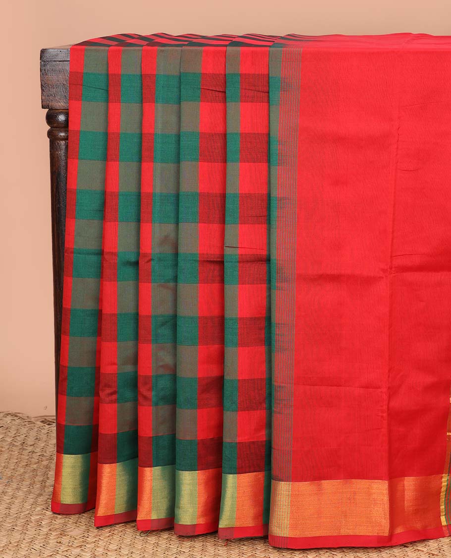 Multi-color checked design poly cotton saree, zari border, and contrast zari striped pallu