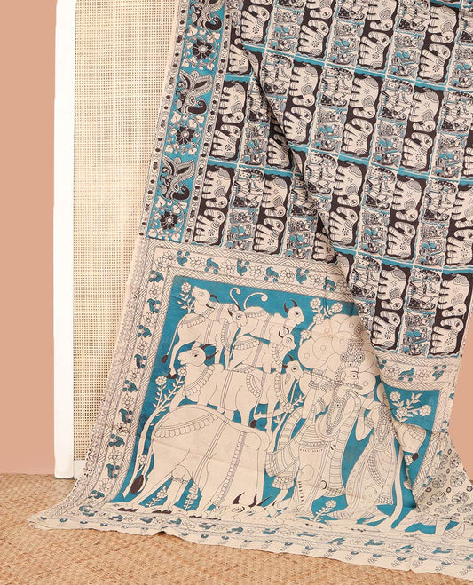 Blue Machine-Printed Kalamkari Cotton Saree, Elevated with Elephant Motif Enclosed Checked on Its Body, Contrast-Printed Border, Pallu of Pichwai Cow and Lord Krishna Print, and Paired with a Printed Blouse