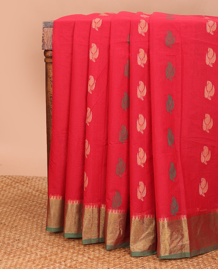 Red buttas kanchi cotton saree, contrast temple zari border, and floral design pallu