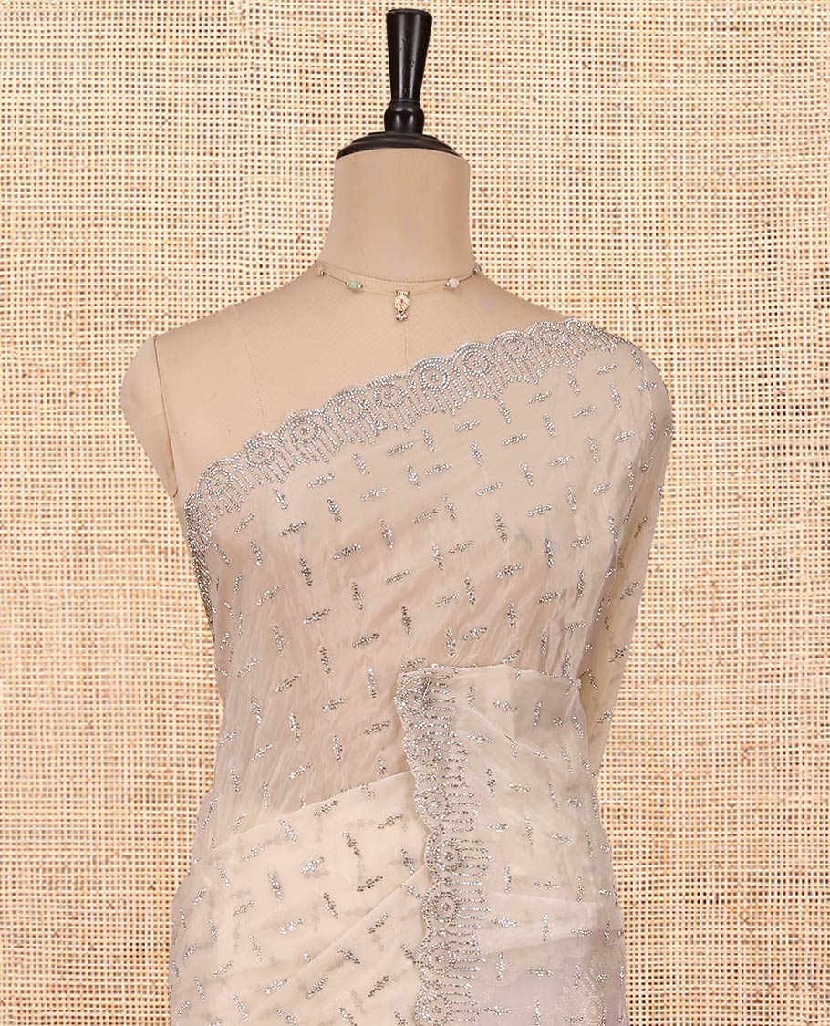Light Sandal Designer Saree, Beautifully Bedecked with Stonework, a Scallop Stonework Border, and Matching Blouse