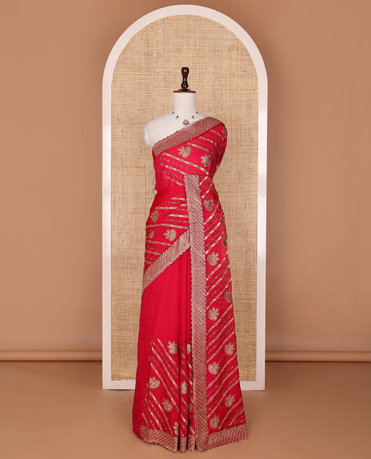 Dazzling red stone patch embroidered designer saree, self-scallop stone embroidered border