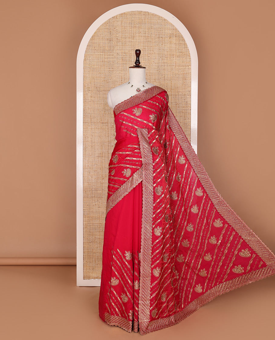 Dazzling red stone patch embroidered designer saree, self-scallop stone embroidered border