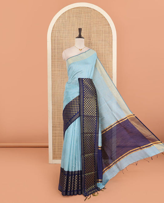 Blue Semi-Dupion Saree Gleamed Up with Zari Stripes  All Over Its Body, Complemented by Contrast Border Spotlighted with Zari Checks, Contrast Pallu of Stripes, and Paired with a Contrast Blouse