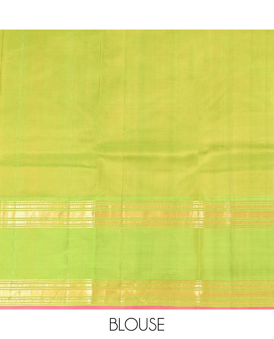 Orange Plain Kanchipuram Silk Saree Accentuated by a Contrast Rettai Pettu Border Featuring Rekku, Banaras, Rudraksham, and Vanki Designs, with a Subtly Zari-Woven Pallu, Paired with a Contrast Blouse