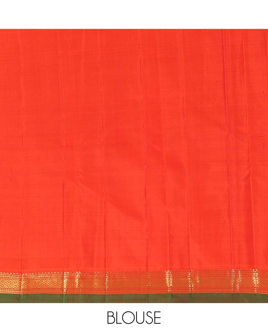 Red malli mokku buttas Kanchipuram silk saree, contrast border of rekku, banaras, and mayil kann designs, and traditional design pallu