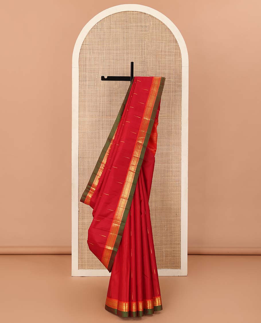 Red malli mokku buttas Kanchipuram silk saree, contrast border of rekku, banaras, and mayil kann designs, and traditional design pallu