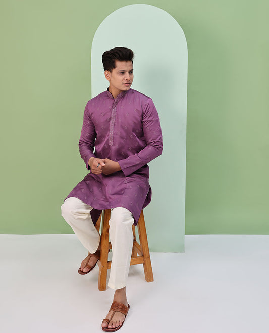 Purple floral buttas embroidered  & neck floral work full-sleeved kurta