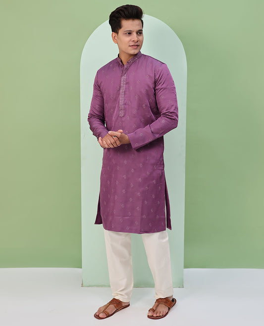 Purple floral buttas embroidered  & neck floral work full-sleeved kurta