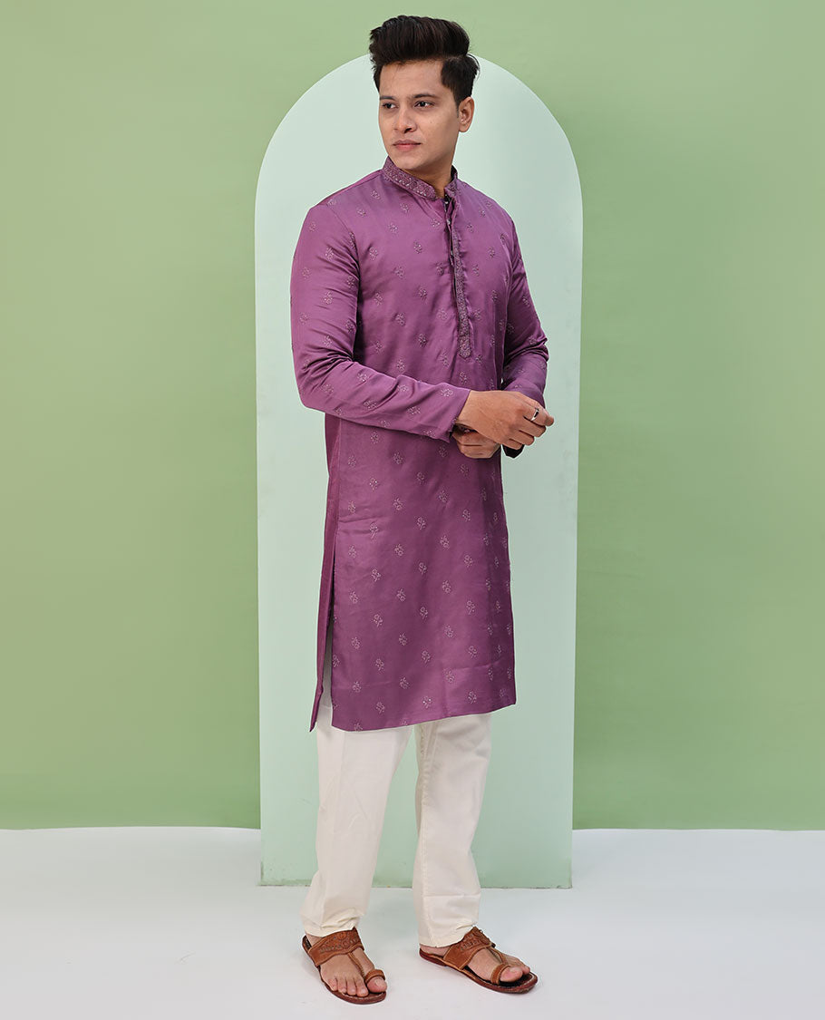 Purple floral buttas embroidered  & neck floral work full-sleeved kurta