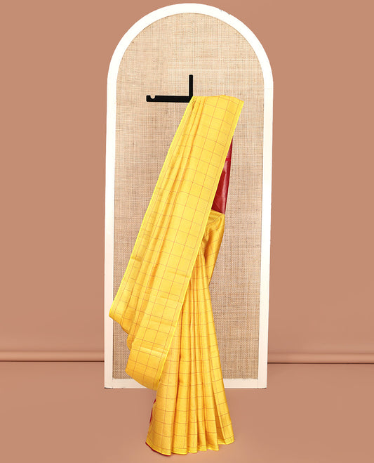 Borderless Yellow Mayuri Soft Silk Saree, Statement with Bold Checked Design On Its Body, Complemented by Contrast Temple Zari Woven Pallu and Paired with a Contrast Blouse