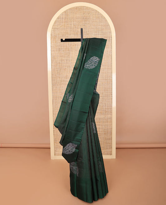 Bottle green striped, floral design bandhani with self floral design border & intricate zari design pallu