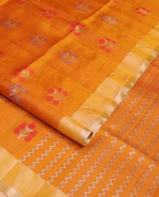 Orange meena floral buttas soft silk saree, contrast border & pallu of chevron stripes