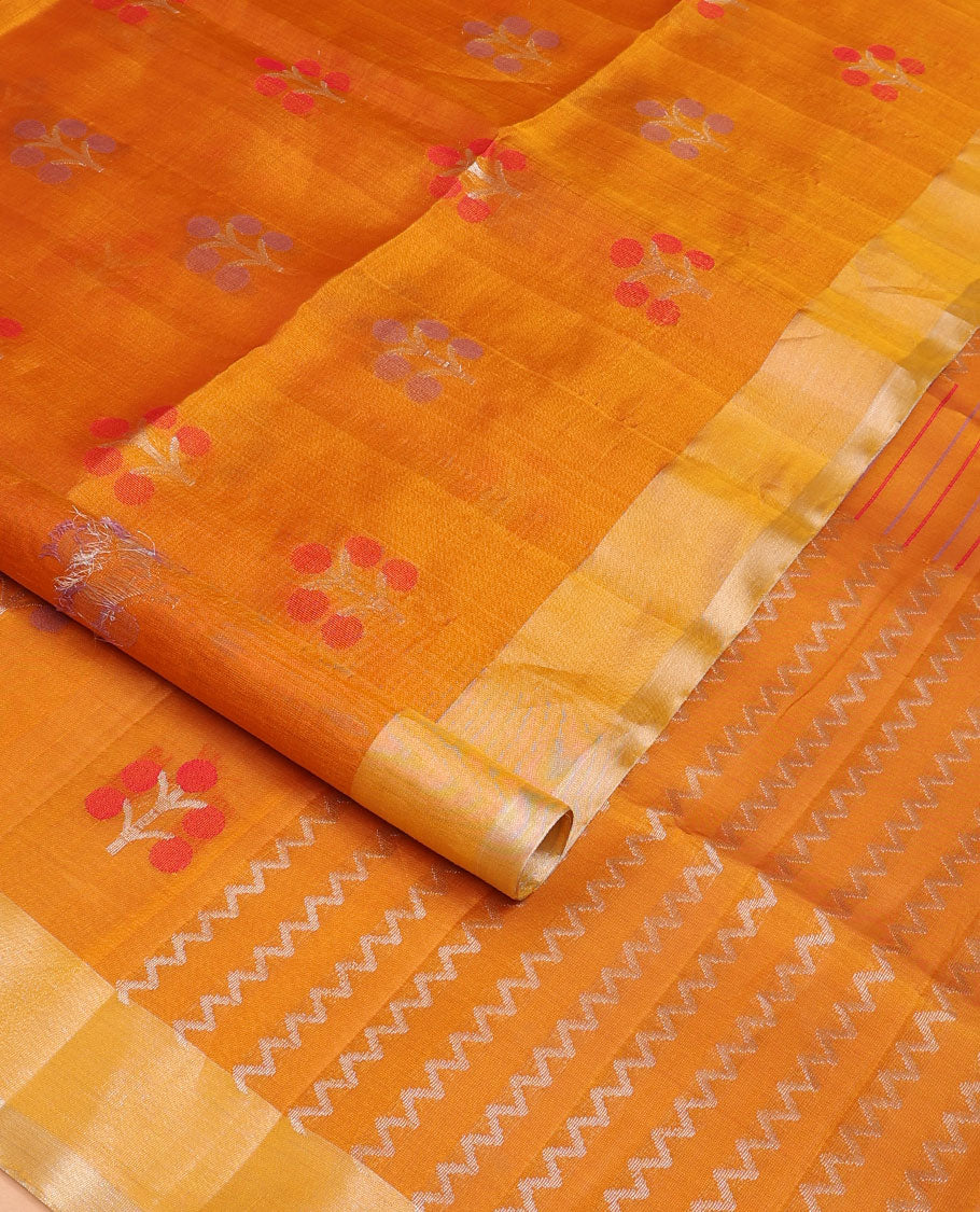 Orange meena floral buttas soft silk saree, contrast border & pallu of chevron stripes