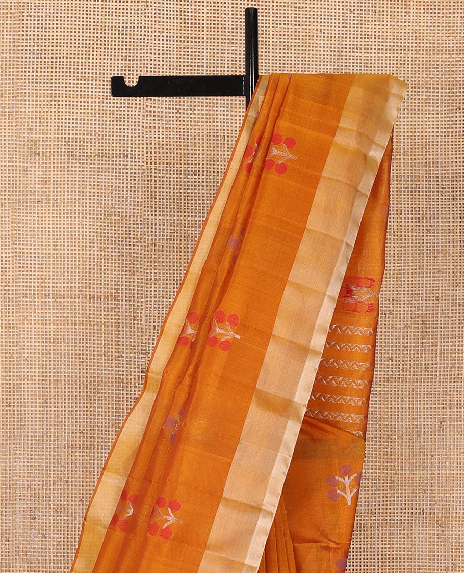 Orange meena floral buttas soft silk saree, contrast border & pallu of chevron stripes