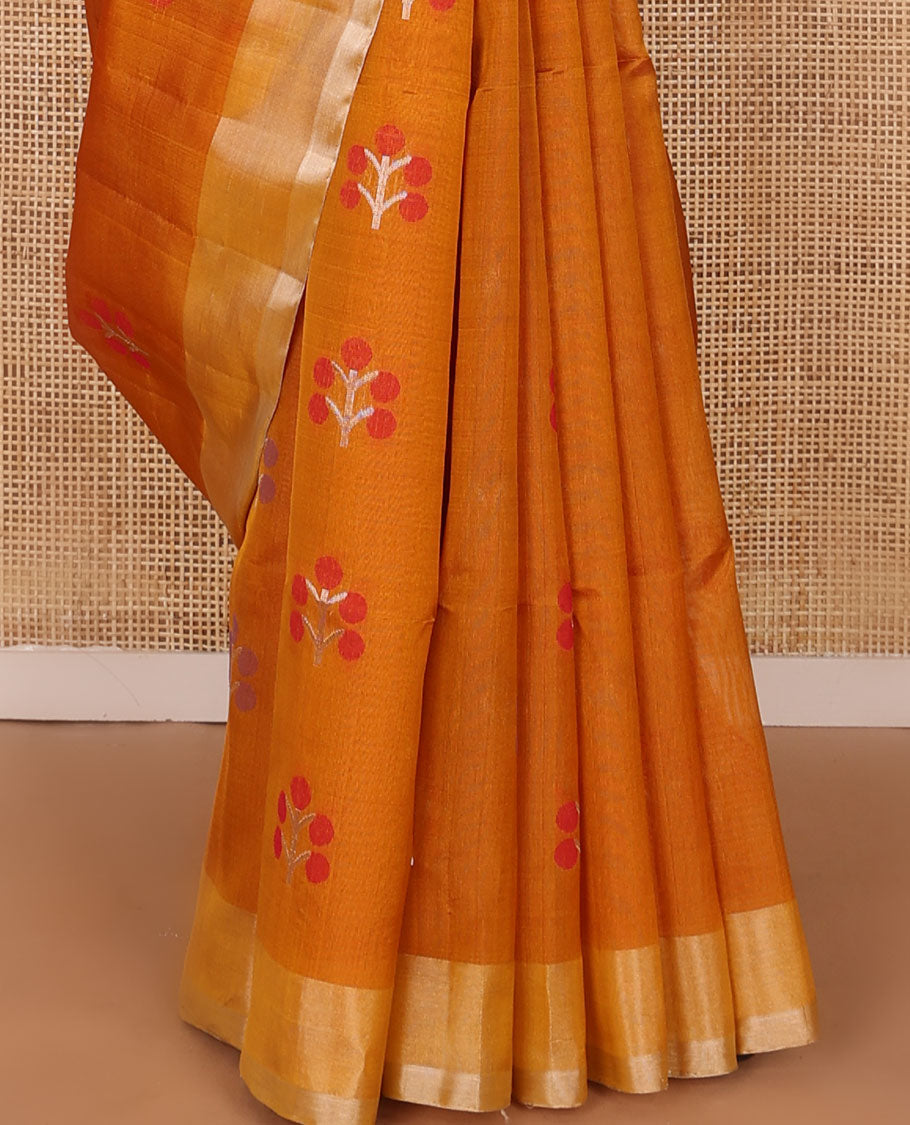 Orange meena floral buttas soft silk saree, contrast border & pallu of chevron stripes