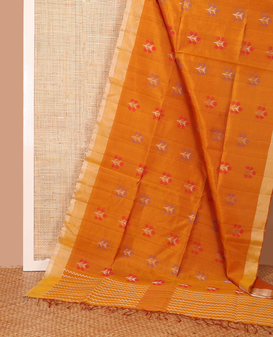 Orange meena floral buttas soft silk saree, contrast border & pallu of chevron stripes