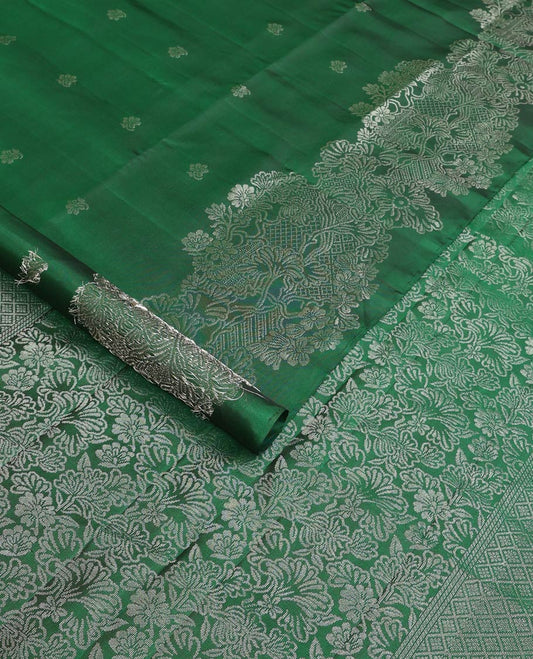 Green floral zari buttas soft silk saree, floral vine border, and pallu of floral designs