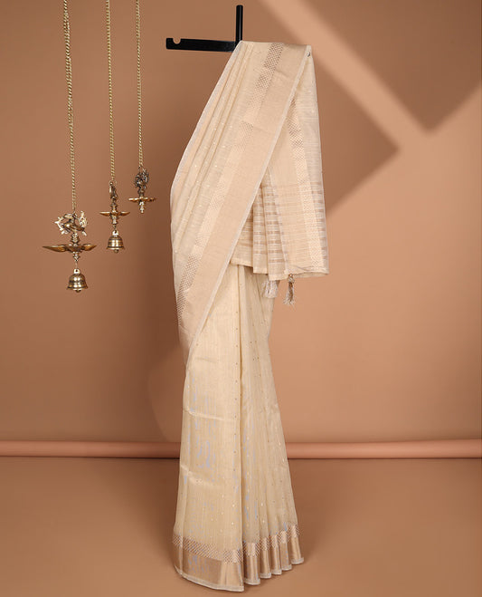 White small zari butta handloom linentissue saree with line chip pallu  & gold tissue plain blouse