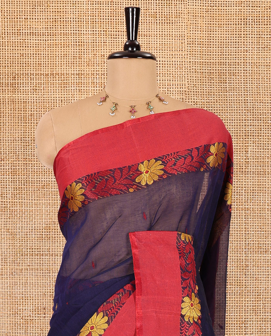 Navy blue thread buttas woven Bengal cotton saree, contrast floral creeper border, and striped pallu