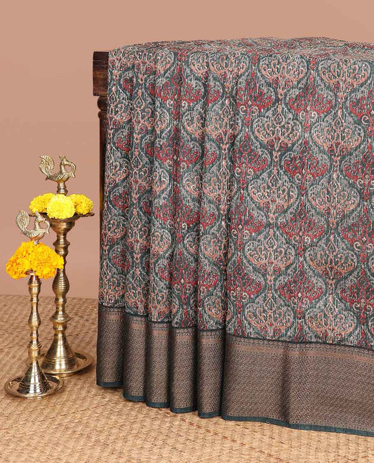 Olive green screen print linen saree with bavanchi border & chit pallu along with brocade blouse