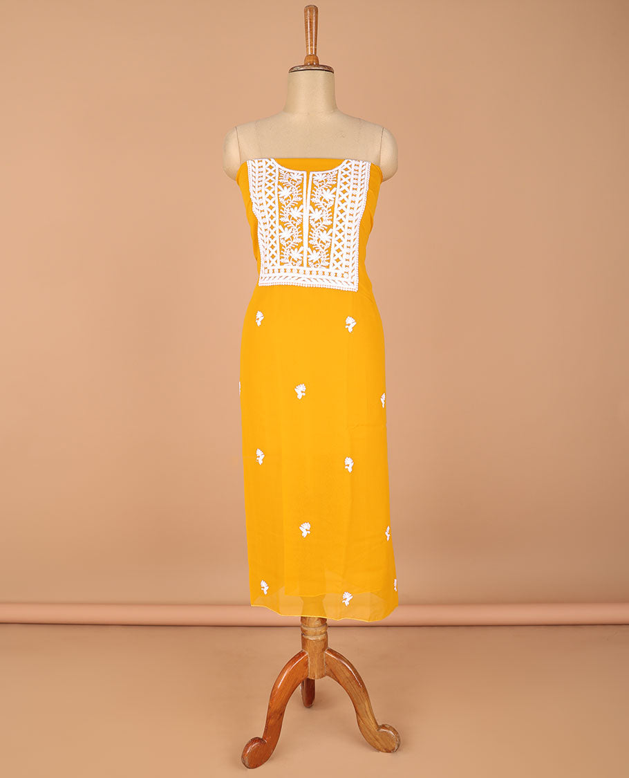 Mustard chudidhar material flower butta chickenkari work georgette top with santoon material pants & double side chickenkari work dupatta
